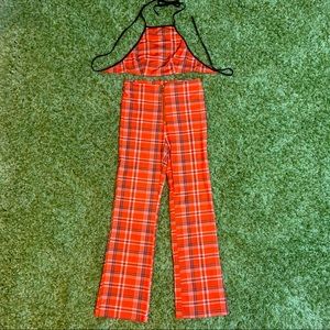 ORANGE & BROWN PLAID PANTS & HALTER SET